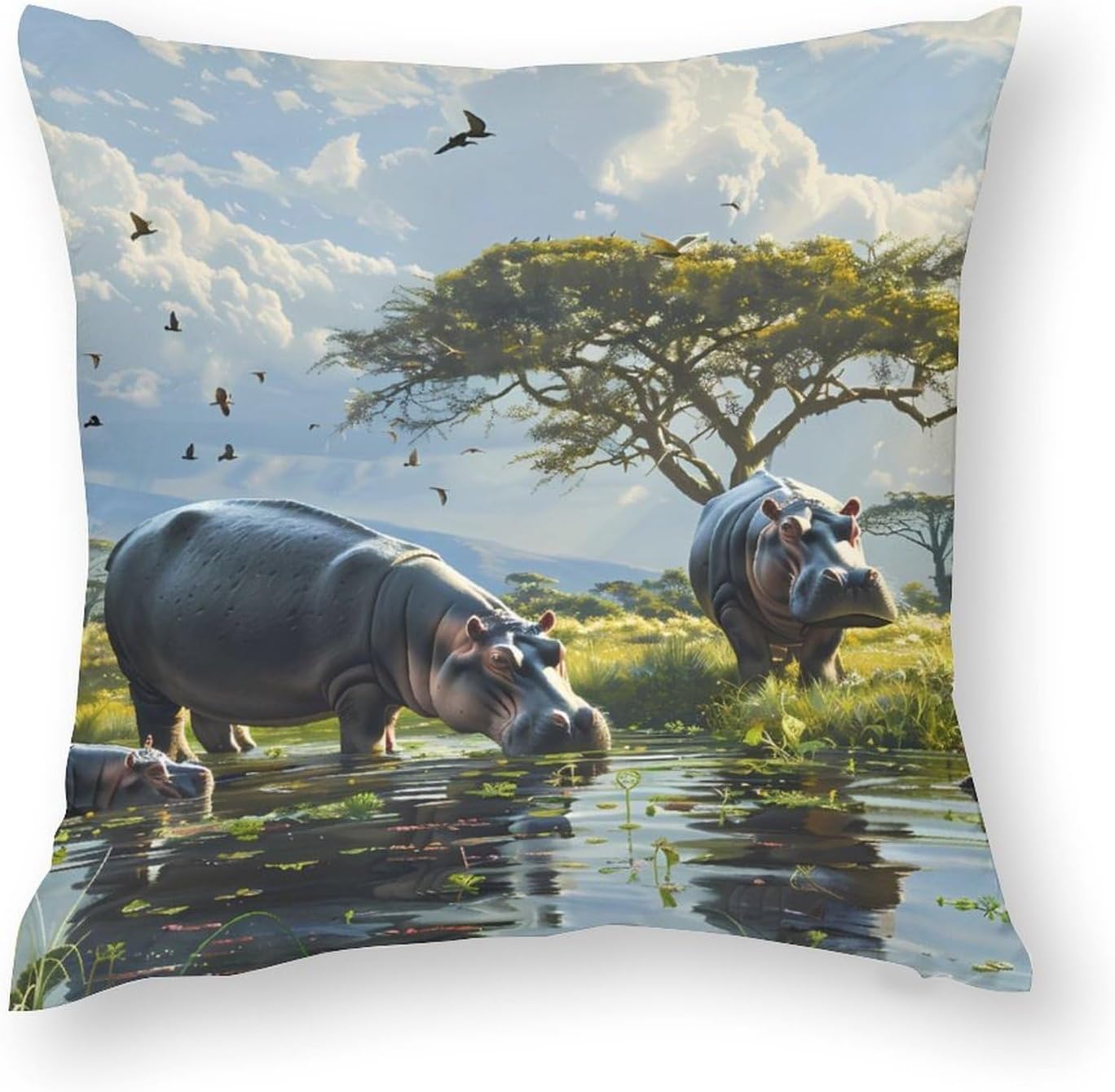 African Hippo Printed Throw Pillow Case 4 Pcs Soft Pillowcases Pillows Covers Sofa Bed Decor 12/14/16/17/18/20/22/24/32 Inches