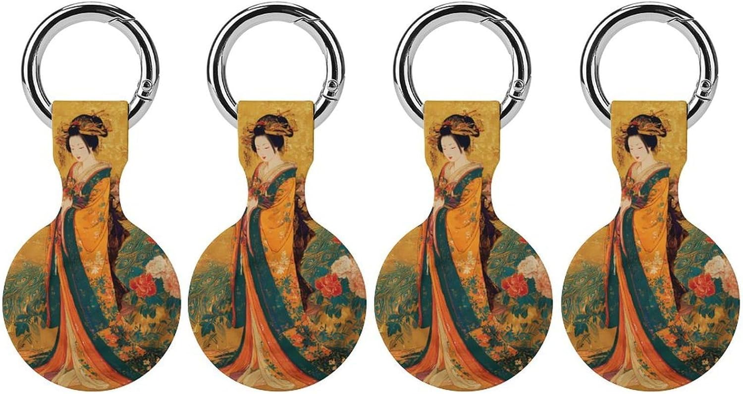 Japanese Geisha Peacock Funny Cover Compatible with AirTag Case Protector GPS Tracker Holder with Keychain