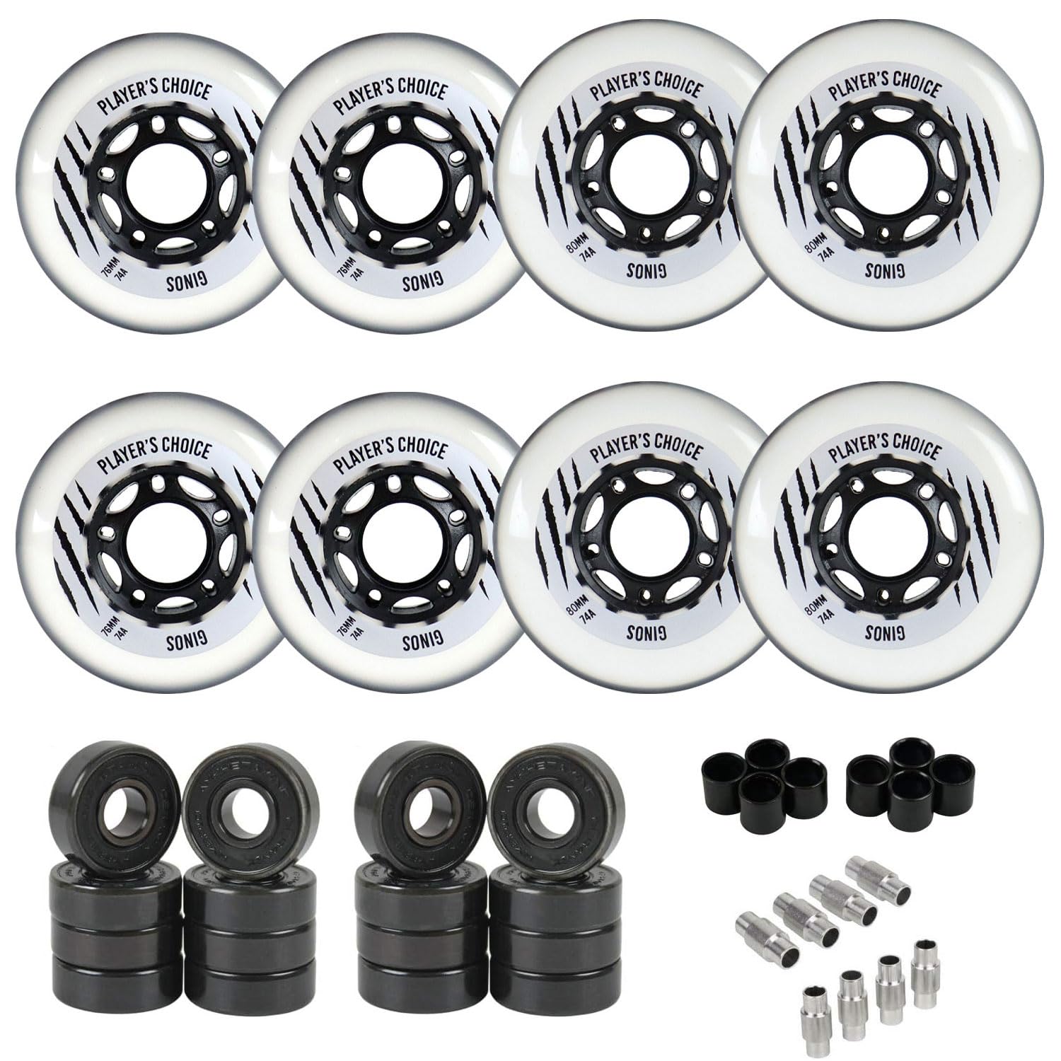 Player's Choice Indoor Roller Hockey Wheels 8-Pack with Hybrid Ceramic Bearings and Spacers - Ginos Clear Grey Dual-Pour 74A Hardness for Skates -