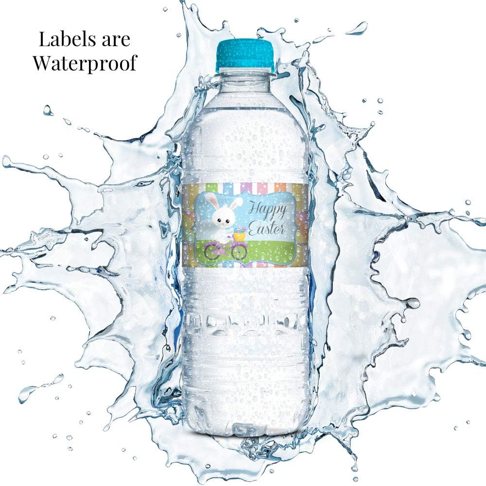 Egg‑celent Easter Water Bottle Wrappers 20 Pack 1.75"x8.5" Waterproof Wrap‑Around Labels, Cute Spring Bunny and Egg Design Drink Bottle Stickers for Easter Party Decorations by Amanda Creation