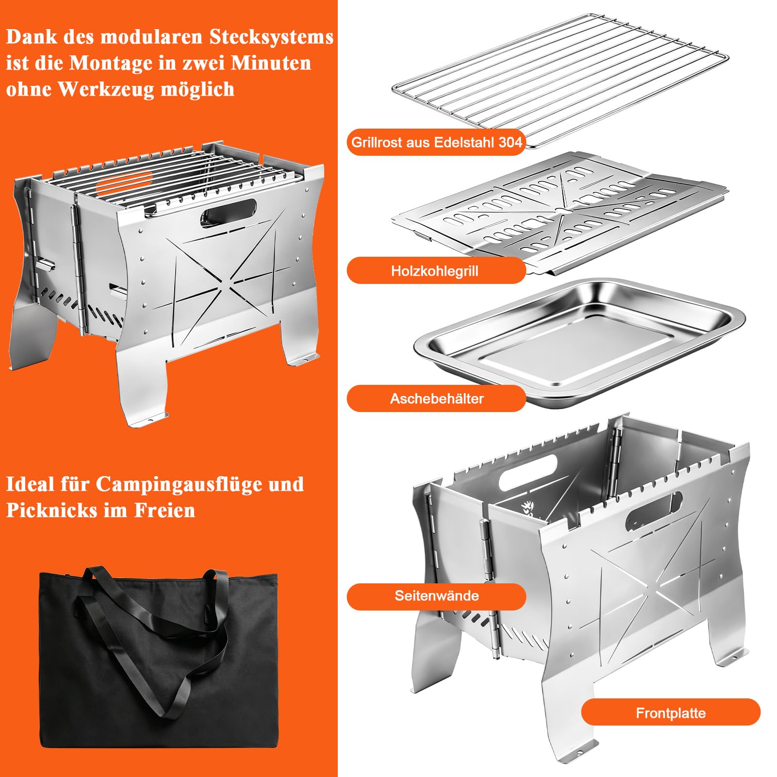 Grill Gas - 26.5×21×38cm Mobiler Gasgrill Klein, Tragbarer Edelstahl Campinggrill | Gas & Holzkohlebetrieb - Faltbarer Campingkocher Propangas-Grills mini für Camping, Balkon, Garten, Outdoor
