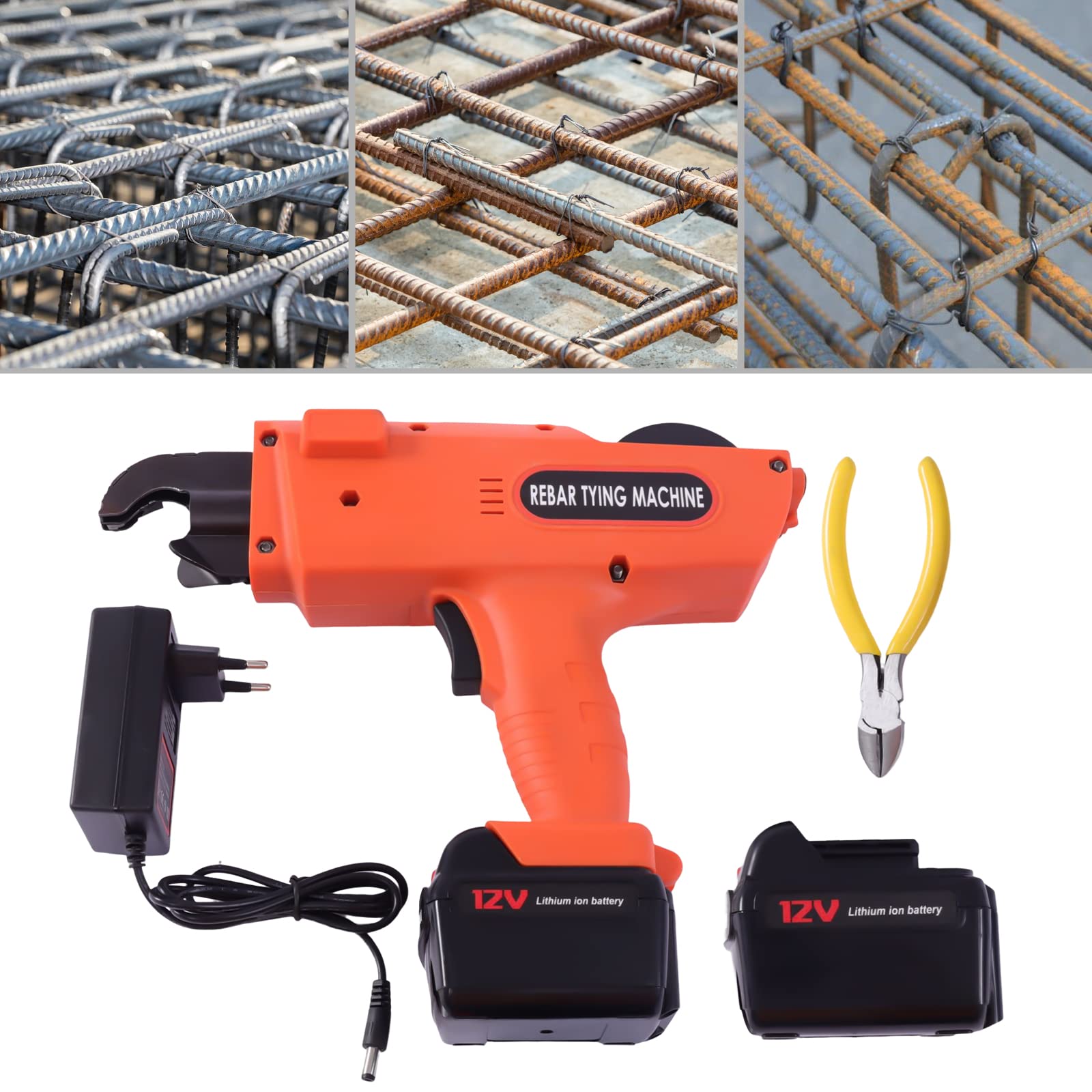 Rilegatrice elettrica, 12 V DC, automatica Rebar Tying Machine con 2 batterie (13200 mAh), nastro in acciaio da 6 a 25 mm, per il raggruppamento di barre in acciaio