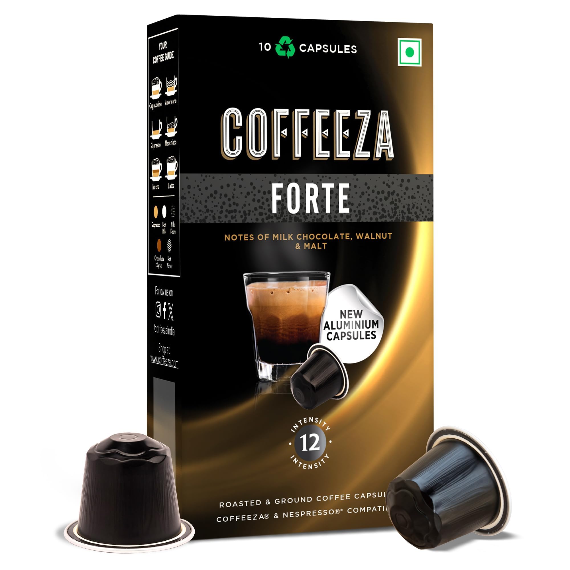 COFFEEZA Forte Aluminium Capsules, Intensity 12/10 Nespresso Compatible Pods (Box Of 10)