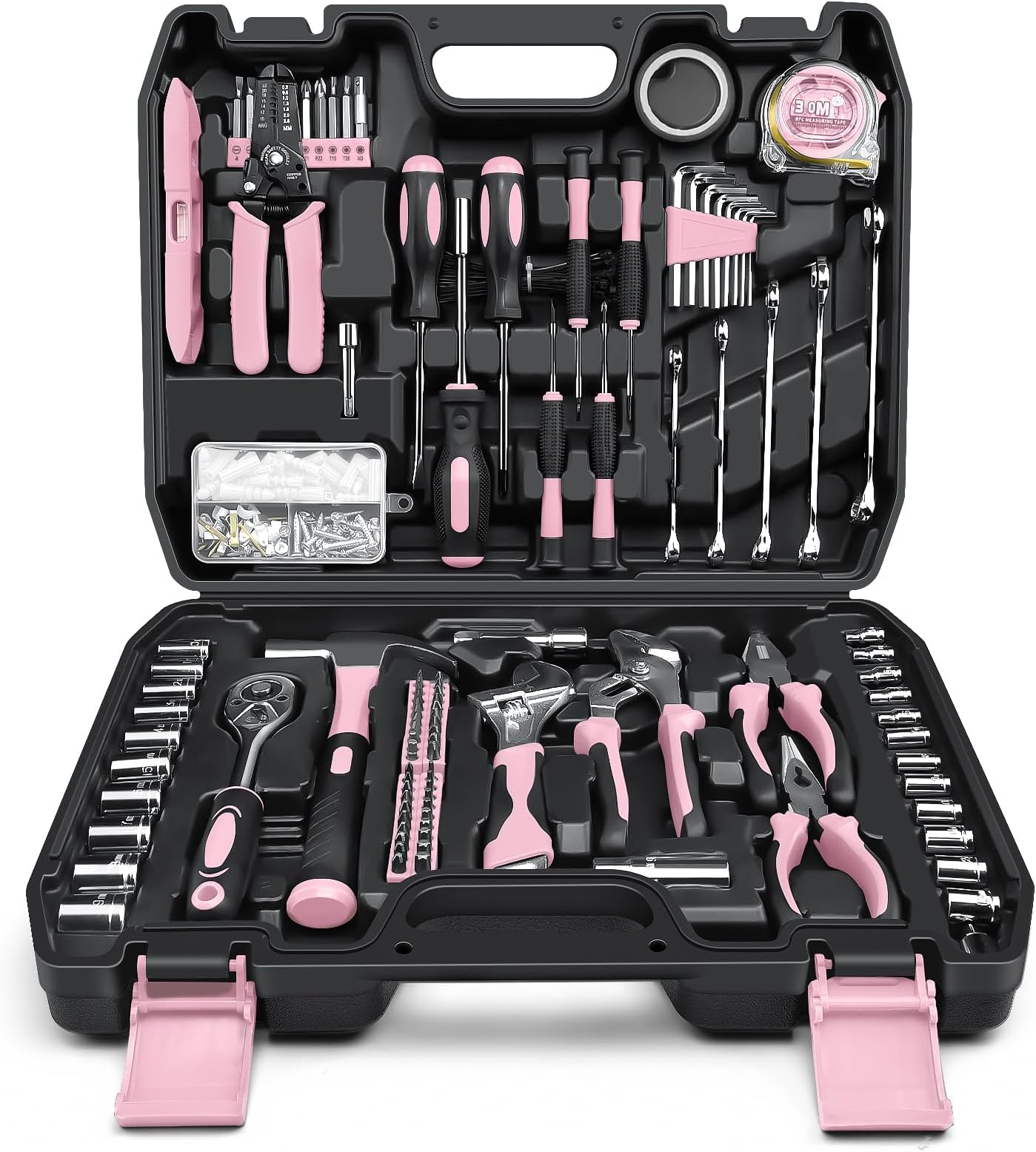 Sundpey Home Tool Kit 281-PCs - Protable Complete Basic Hand Repair General Tool Sets for Men Women - Tool Set with Socket Wrench Set & Screwdriver Set & Metric Hex Key & Pliers & Tool Box Case Pink