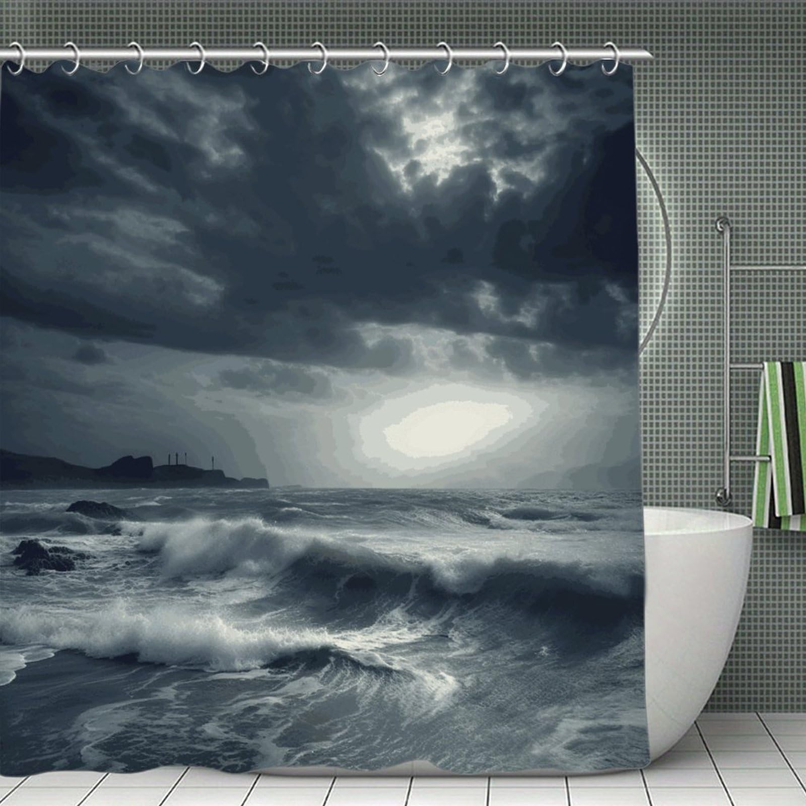FekiLoot Stormy Sea Shower Curtain Minimalist Thick Bathroom Curtain Washable Modern Bathroom Shower Curtain Heavy Duty Waterproof Cloth Bath Curtain with Hooks 70.8"x70.8"