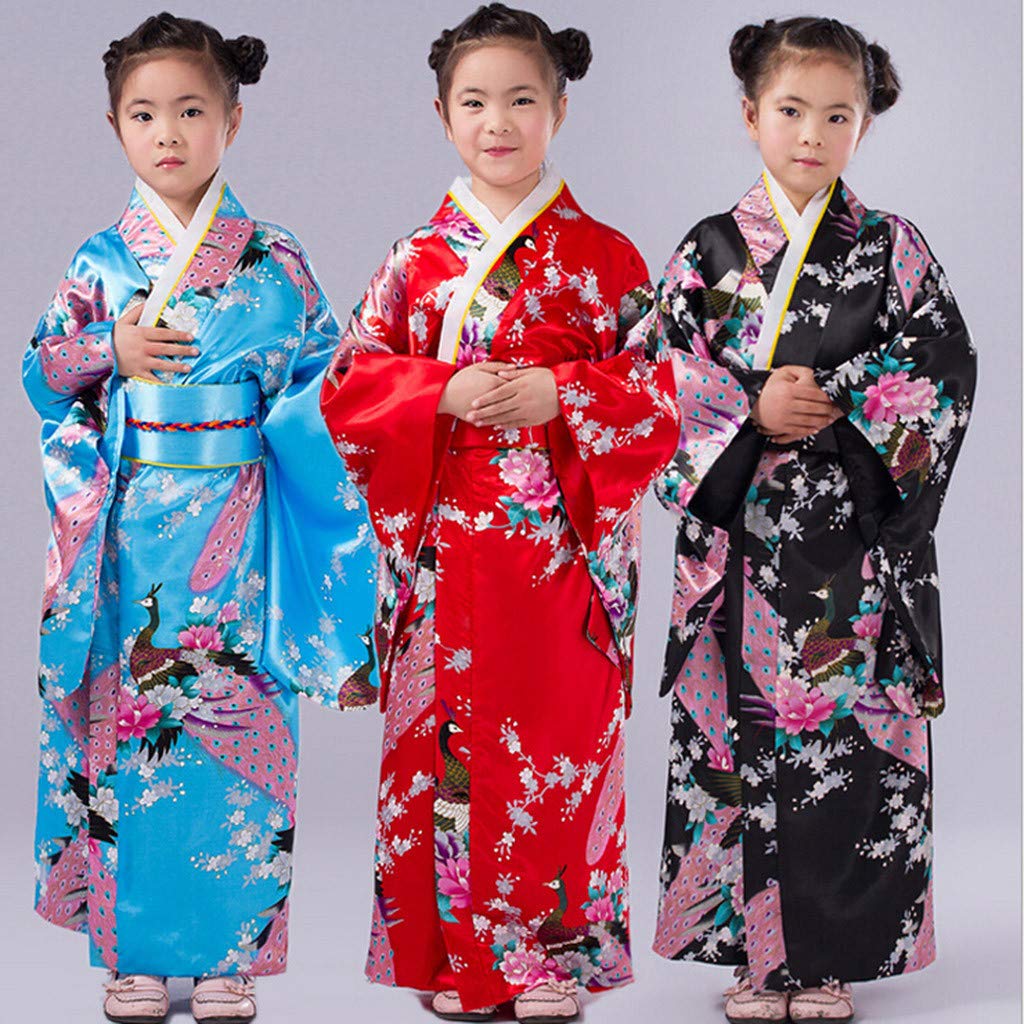 Kimono tradicional japonés para niñas vestido de geisha yukata conjunto de satén