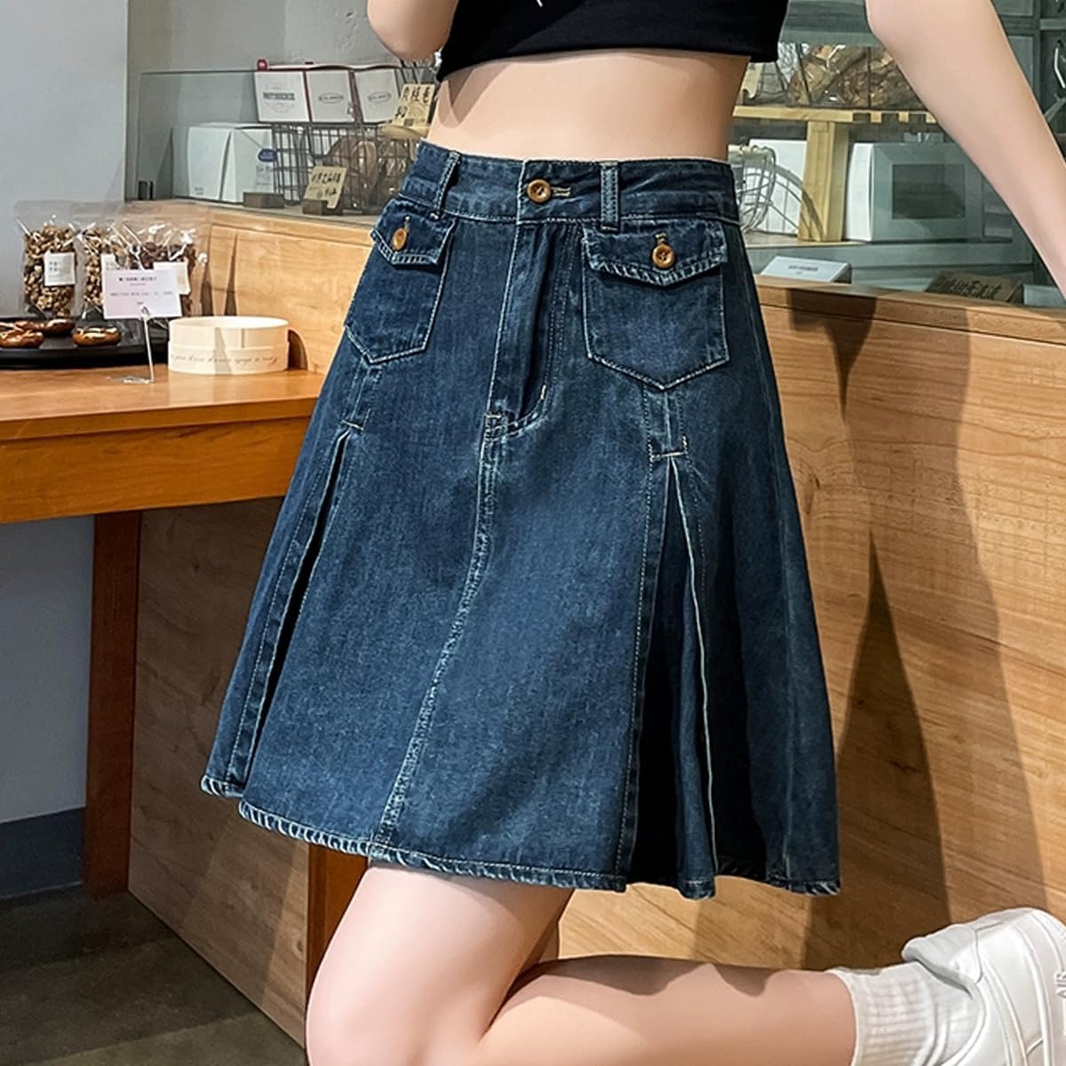 Vintage Fashion High Waisted A Line Denim Mini Skirt Casual Patchwork Wire Designs with Shorts Underneath - Image 2