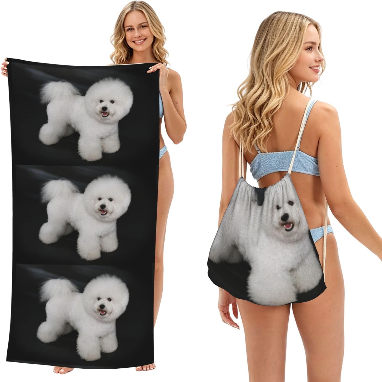 Poadnly As Picture Bichon Frise White Dogs Pets Dogs Bichon Frise, 2 In 1 Packable Towel Bag, Beach Towels With Drawstring Backpack For Travel Holiday Camping
