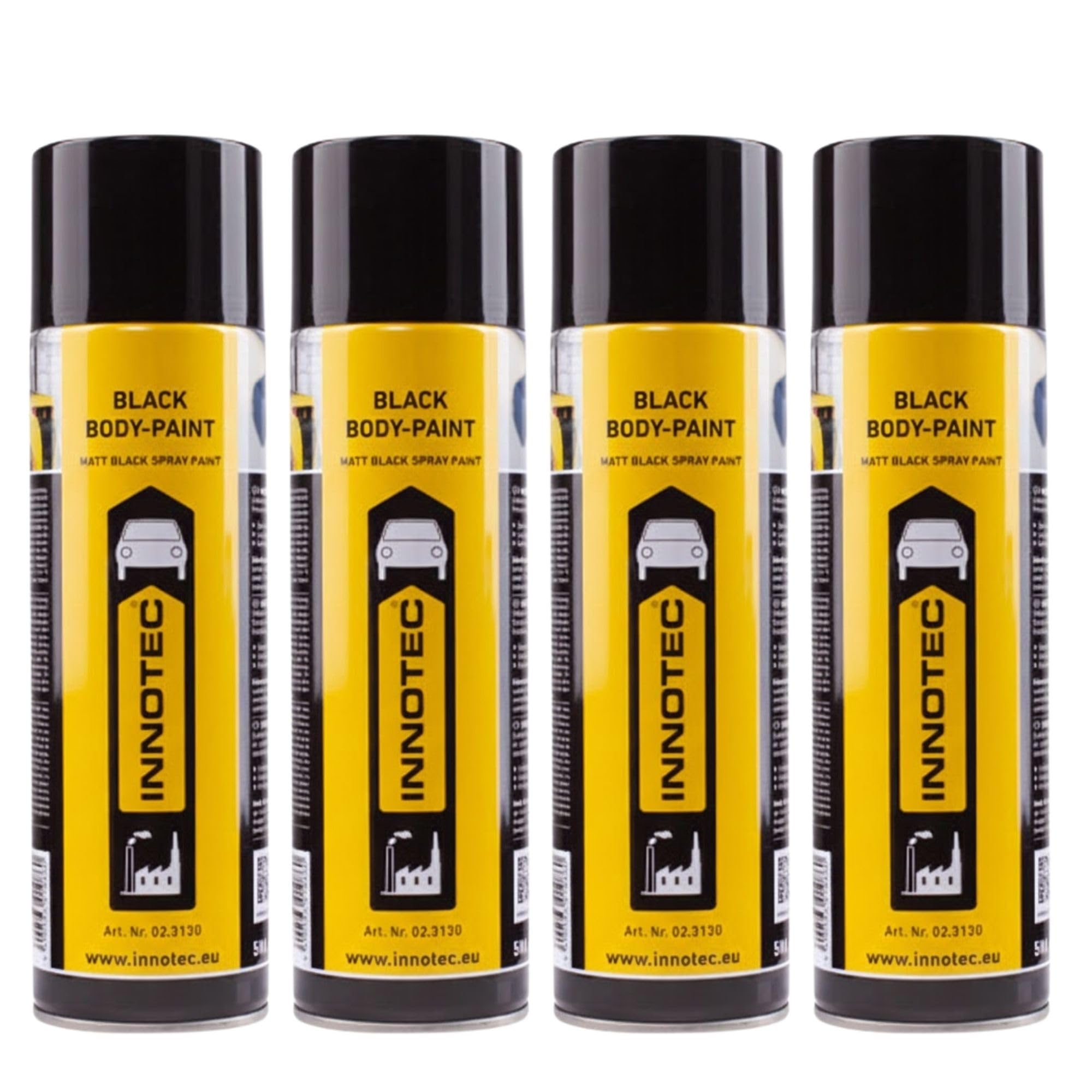 4 Stück INNOTEC Black Body-Paint 500 ml – matt-schwarzer Sprühlack für Fahrzeugunterboden, Motorenteile, Metalloberflächen & Karosserieteile – deckende Lackierung für Kfz-& Industrieanwendungen