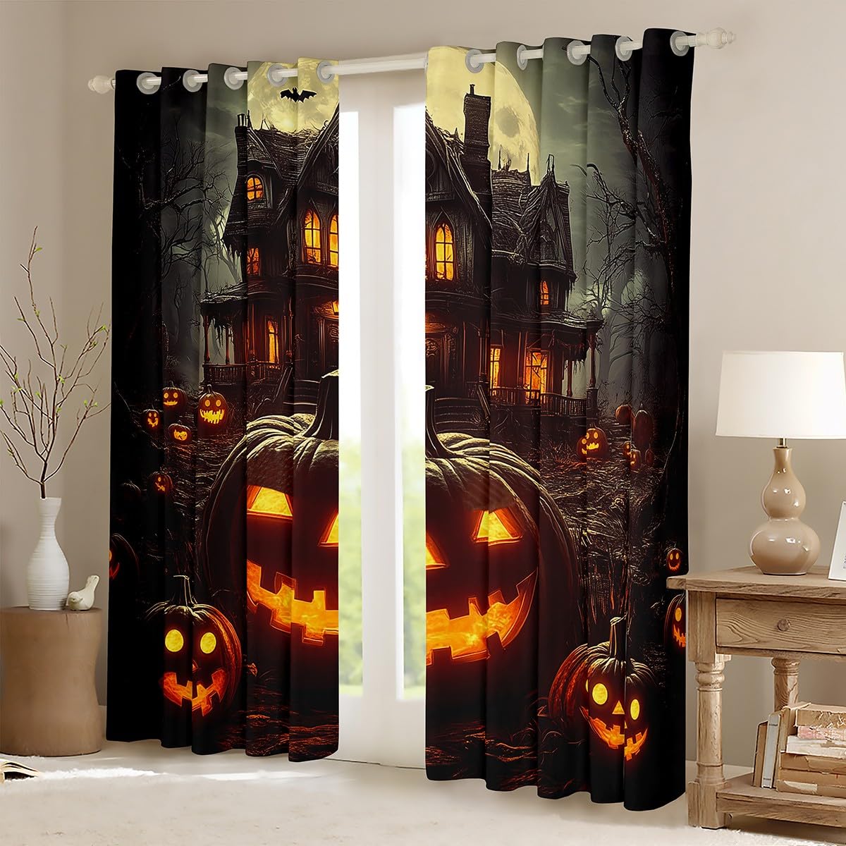 Kürbis Halloween Verdunkelungs Vorhänge Kürbis Laternen Vorhänge Glückliche Halloween Fenster Vorhänge Trick Or Treat Thema Schlafzimmer Vorhänge Geist Spinne Fledermäuse Dekor Vorhänge,117Bx183L