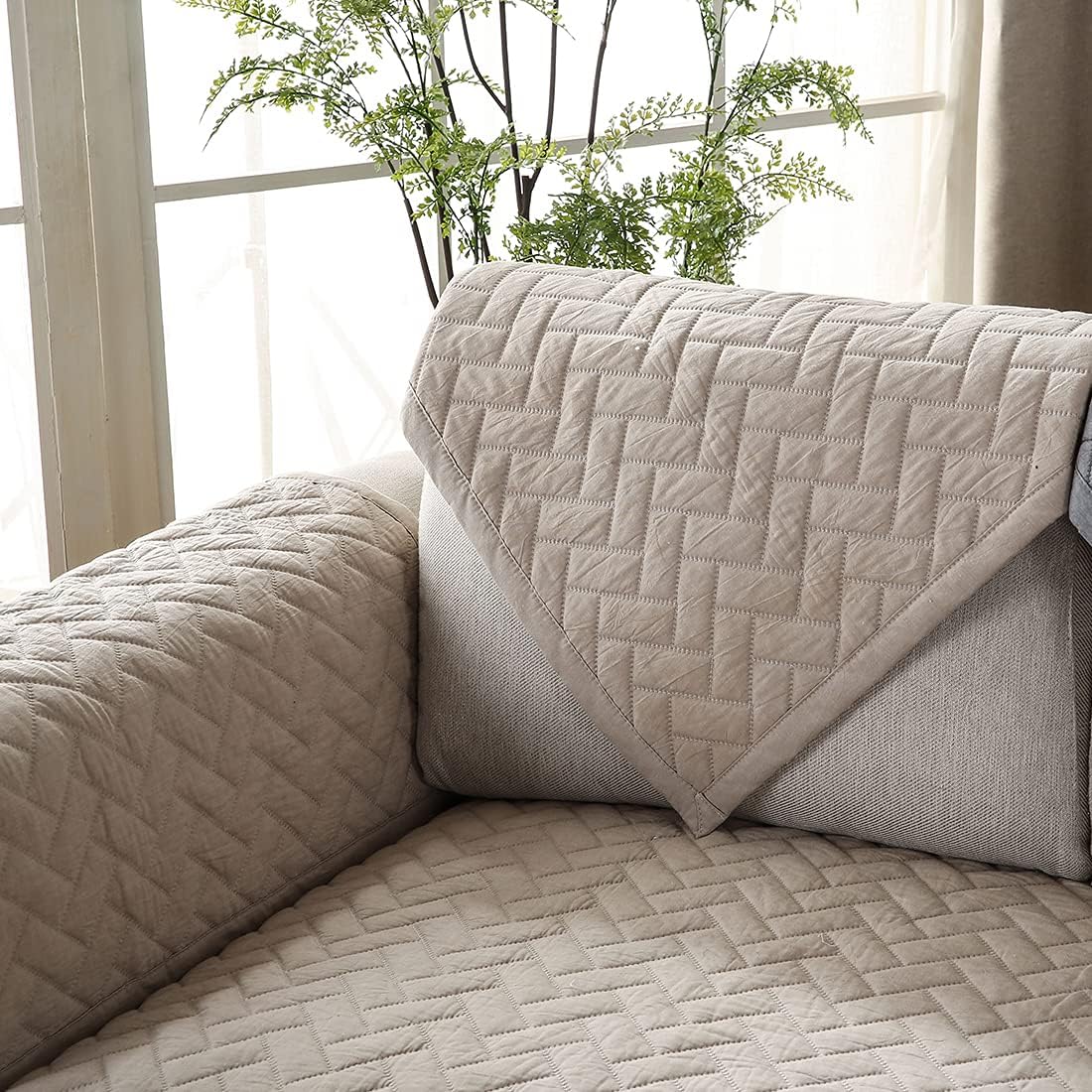 vctops Rustic Solid Color Cotton Quilted Sofa/Couch Cover Non-Slip Sectional Couch Cover Washable Furniture Protector Cover for Pets Kids Children Dog Cat (Khaki,43"x94")