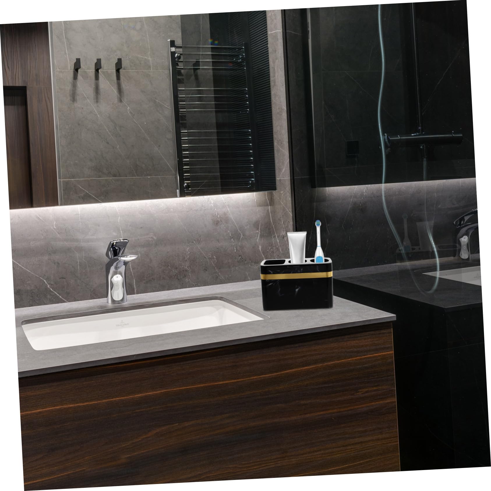 Soporte de Pared para Cepillos y Pasta de Dientes con Diseño Compacto y Elegante Almacenamiento para Afeitadoras para Baño Color Negro con Textura de Tinta Phnom Penh