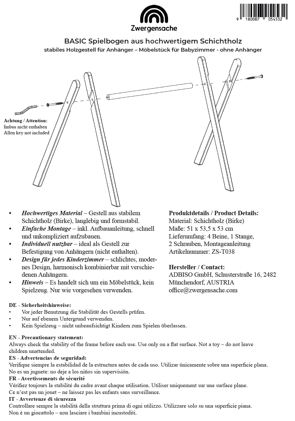 BASIC Spielbogen – Holz Baby Spielbogen ab Geburt, Schichtholz, stabile Konstruktion, Montessori Baby Gym, fördert Motorik & Sinne - ab 0 Monaten (ohne Anhänger)