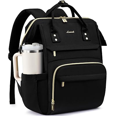 LOVEVOOK Laptop Backpack for Women with Giant Tumbler Holder Pocket,15.6 inch Waterproof Travel Backpack Purse Computer Laptop Bag,Professional Work College Nurse Teacher Backpack Casual Daypack,Black