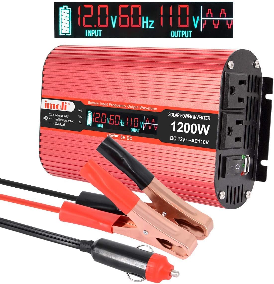 1200W Power Inverter DC 12V to 110V AC Converter Automotive Modified Sine Wave 3.1A USB 2 AC Outlets with LCD Digital Display（2400W Peak