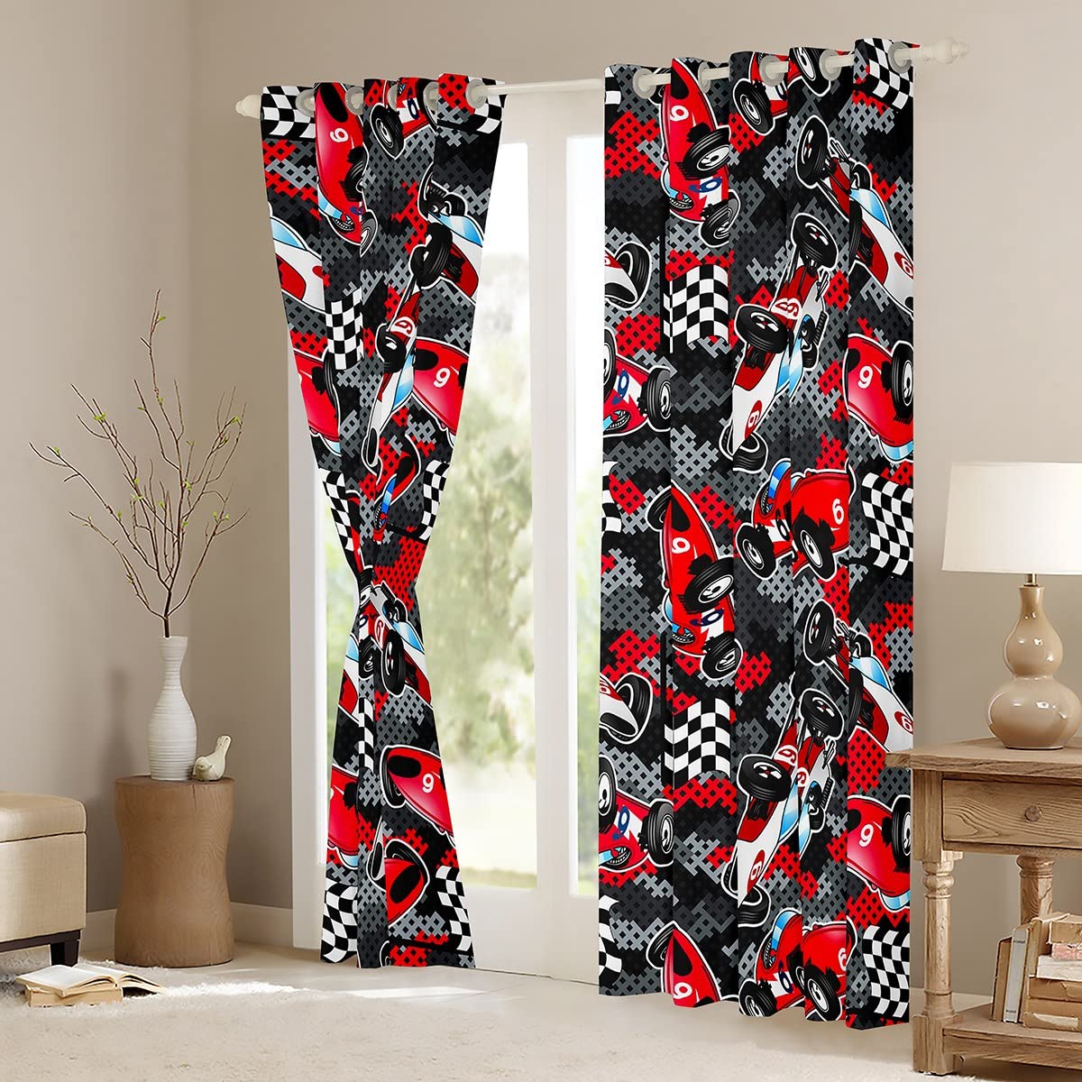 Homemissing Speed Sports Car Curtains Red Race Car Window Curtains for Bedroom Living Room for Kids Boys Girls Automobile Extreme Sport Window Drapes Camouflage Window Curtains W52*L63 - Image 3