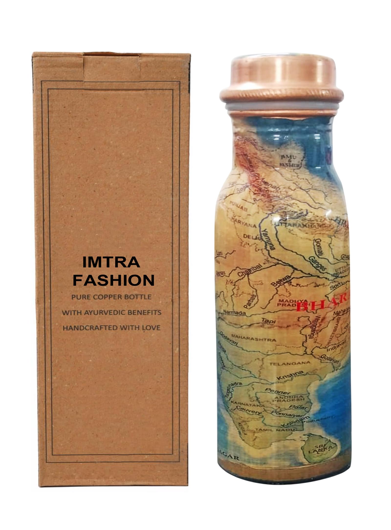 IMTRA FASHION Small Copper Water Bottle 17 OZ/500 ML Meenakari Drinking Flask Ayurvedic Leakproof Bottle