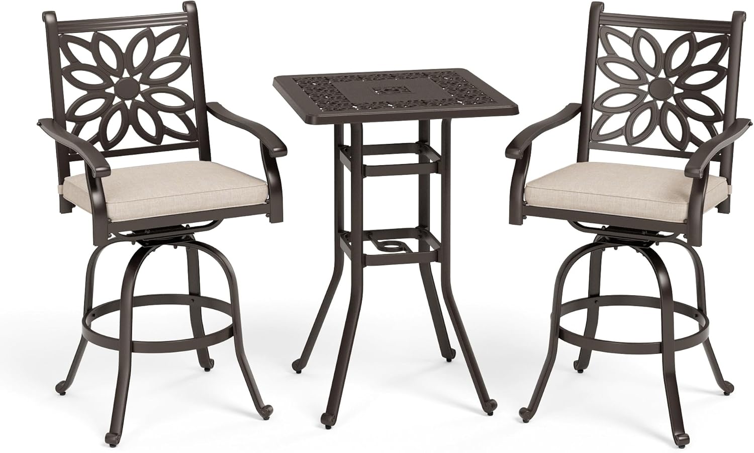 MFSTUDIO 3 PCS Cast Aluminum Patio Bar Set, Square Outdoor Table with 2 Outdoor Swivel Bar Stools, Bar Height Outdoor Table and Chairs Set