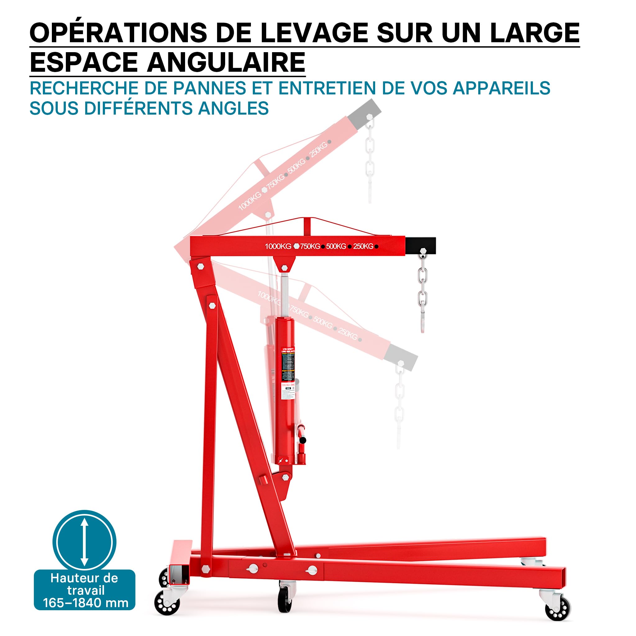 Wiltec Grue d’Atelier – Capacité Max. 1000 kg – Hauteur Max. 1840 mm – Bras Levage 857-1133 mm – Chèvre d’Atelier en Acier – Lève-Moteur Hydraulique Pompe Double Dispositif de Levage