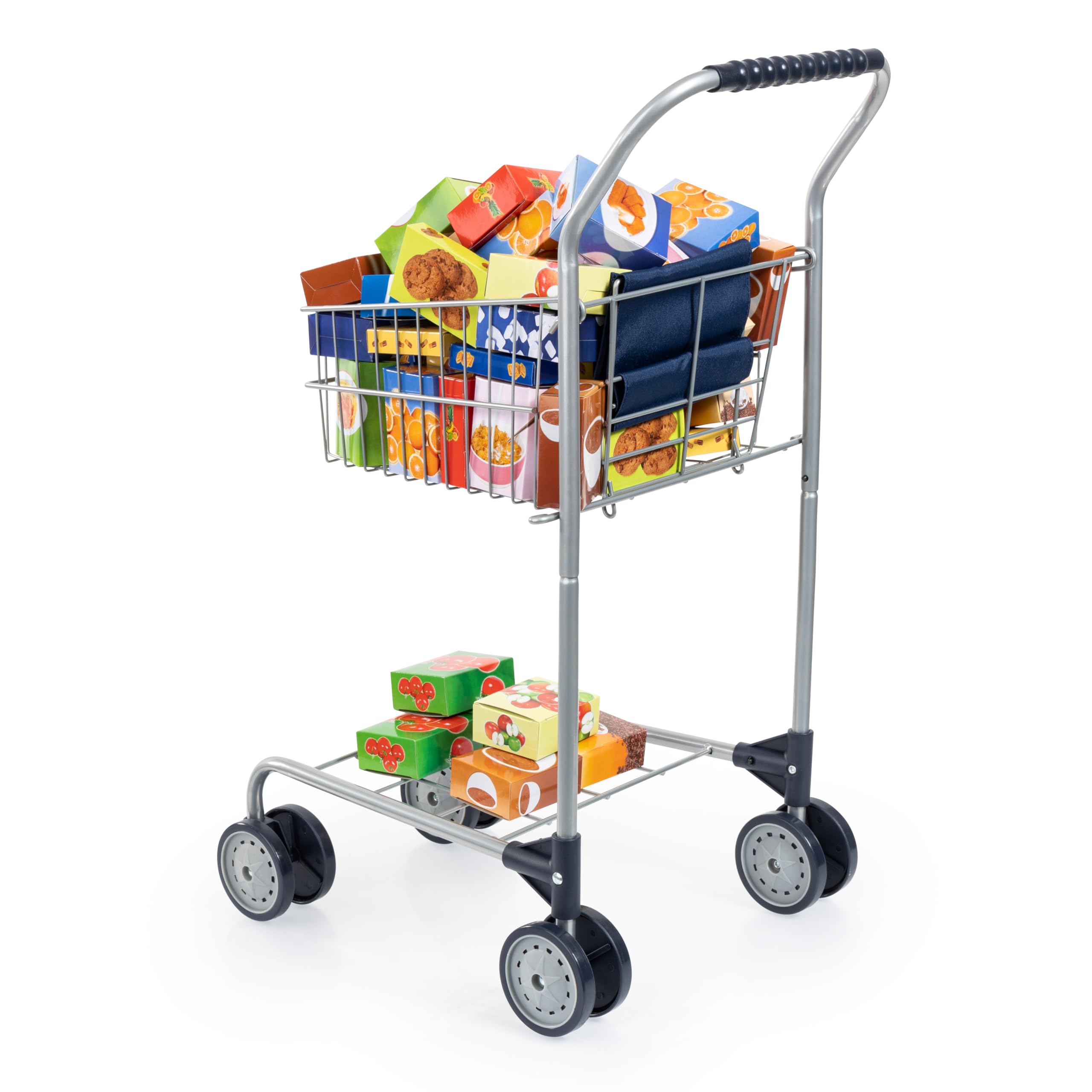 supermarket koszyk maluch, Wózek na zakupy z zawartością | pudełkami na żywność