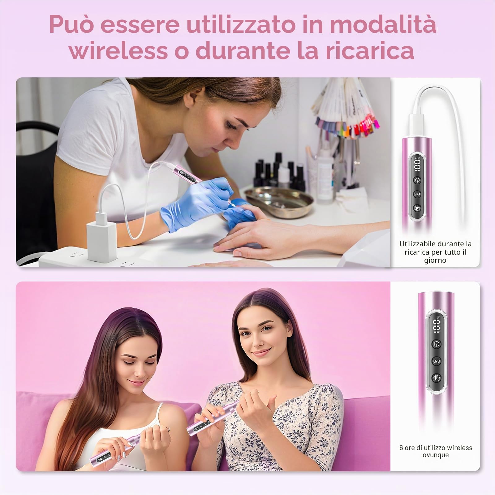 Fresa per unghie Professionale 45000 giri/min, Set manicure, pedicure, batteria senza fili, lima elettrica per unghie con 12 accessori per la cura delle unghie, cura dei piedi, elettrico a 6 velocità