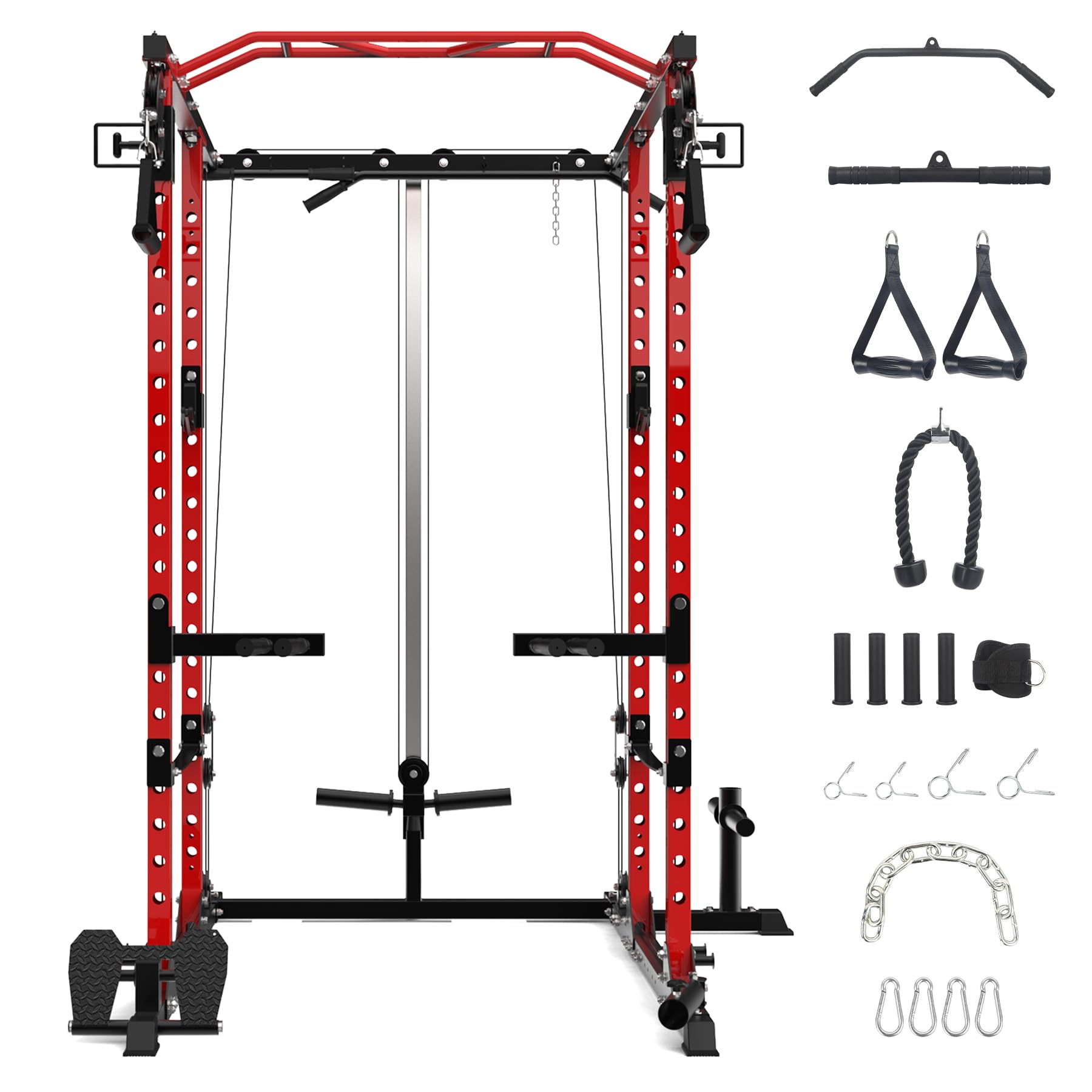 Flarhetoric 2000 Lbs Power Cage for Home Gym Squat Rack with Cable Cross-Over System & LAT Pull Down Workout Cage Strength Training Weight Cage for Multiple Functions and Exercise, Black and Red
