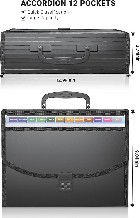 25 Pockets File Organiser Box Files Folder with Handle,Vanulee Document Organiser File Box,Concertina File Expanding A4 Paperwork Filing Paper Organiser for Home School Office Travel,2pcs Tabs