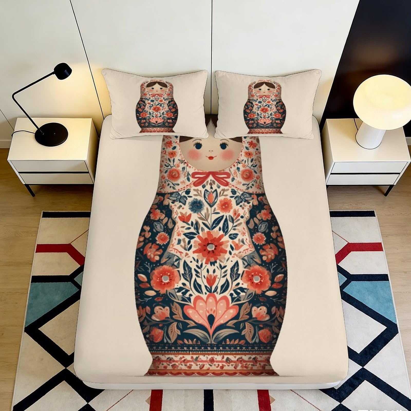 3D Printed Russian Doll Fitted Sheet Microfiber Soft Anti-Slip Floral Mattress Cover for Bedroom Guest Room Dorm Decor 90x200x25cm