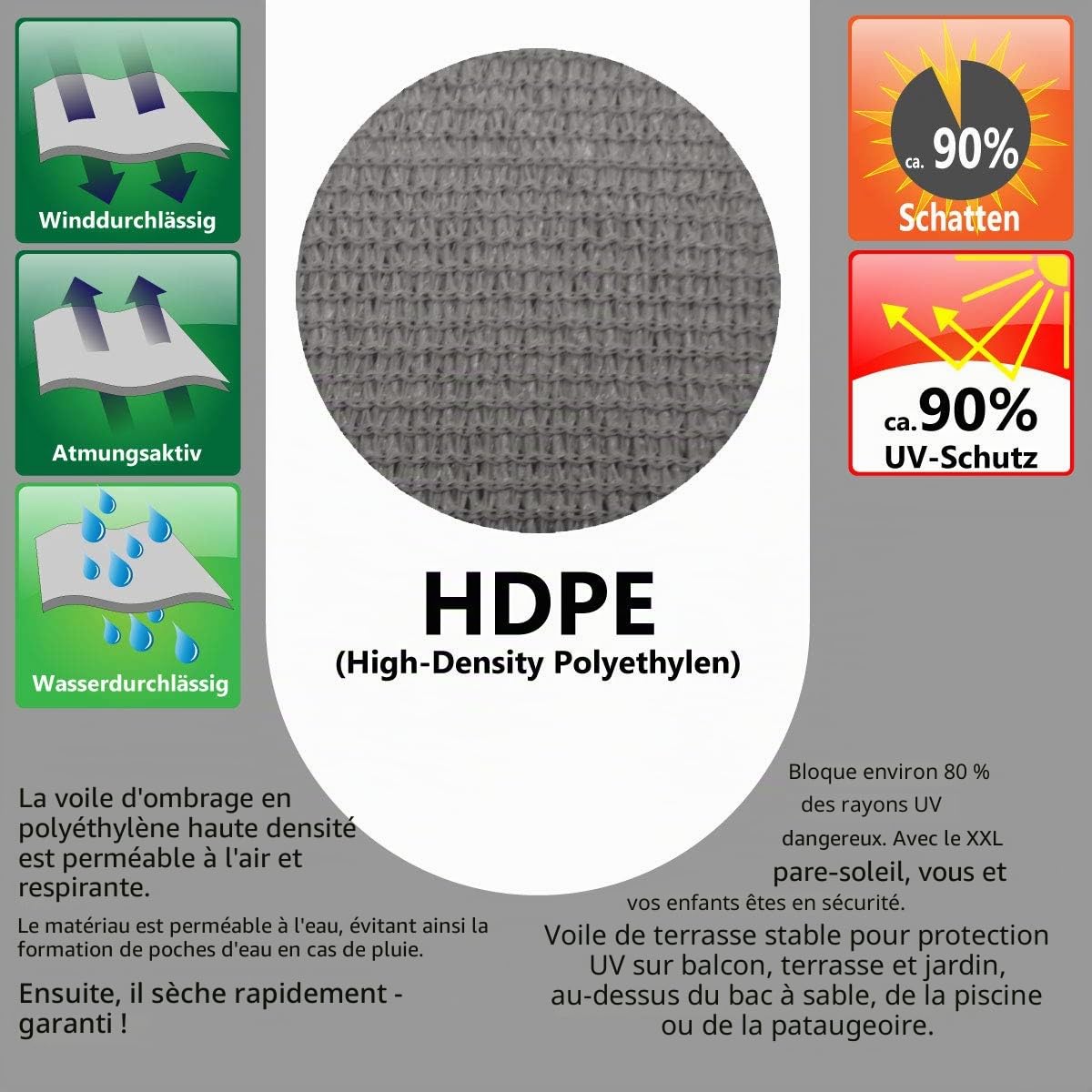 AMANKA Voile d'ombrage UV - 6x4m HDPE Rectangulaire Protection Solaire Toile de Jardin Balcon Gris