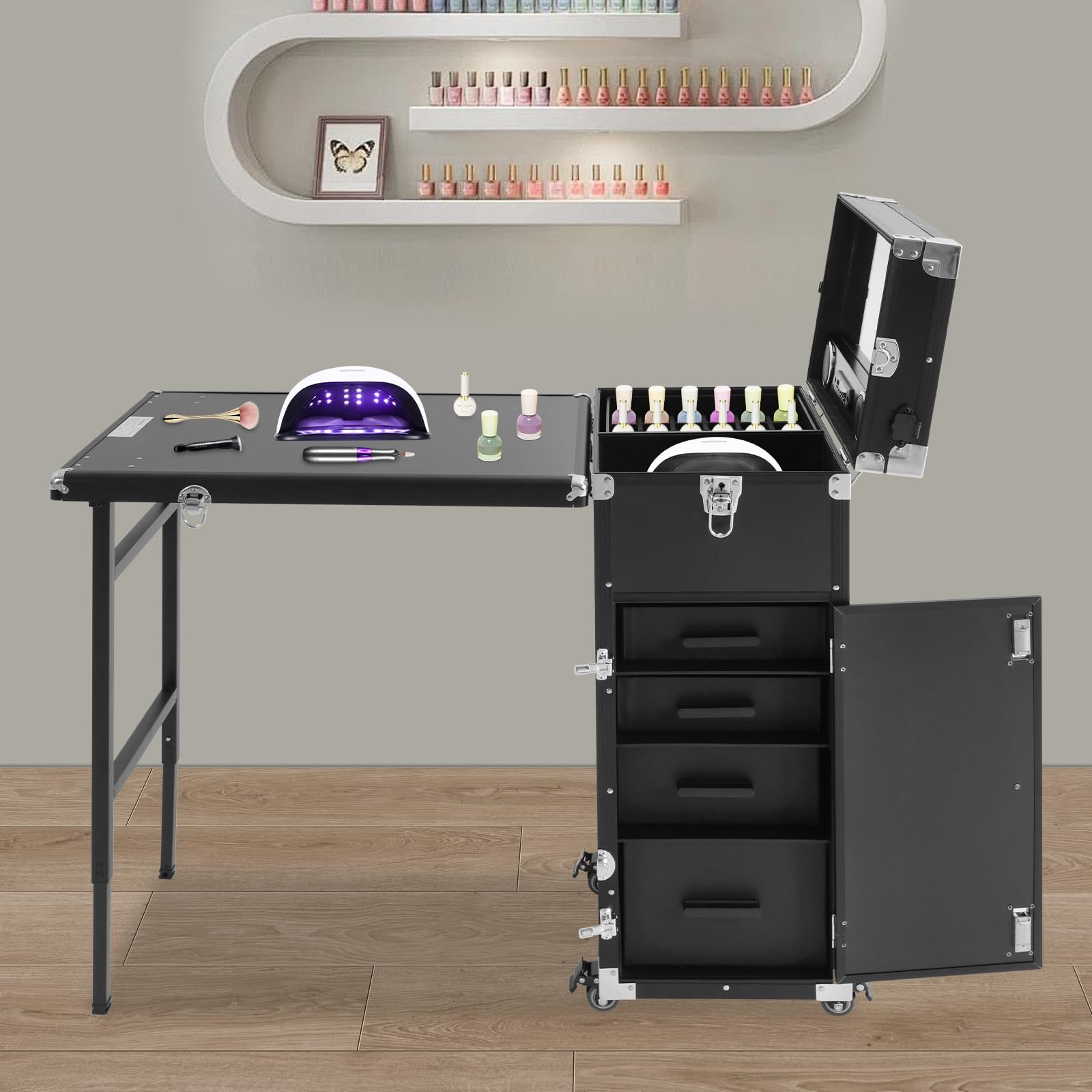 Valigetta professionale per cosmetici 2 in 1, con tavolo, fino a 50 kg, tavolo portatile per unghie, con 4 cassetti e ruote, multifunzione, per parrucchieri, Nero , 57*38*68 cm/22,44*14,96