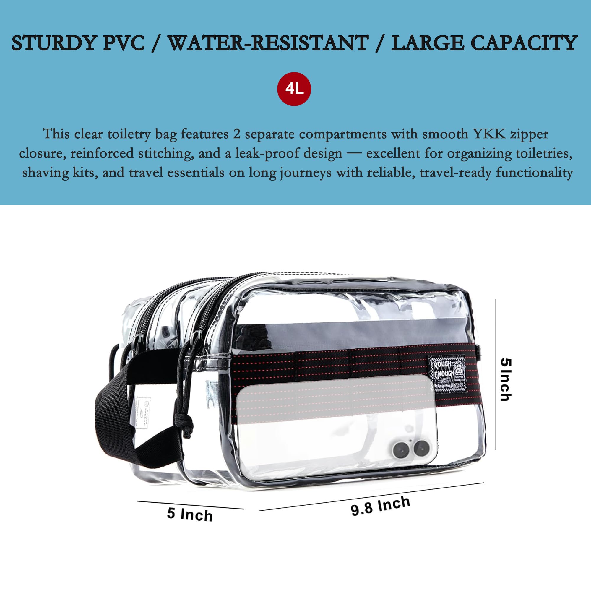 Rough Enough Clear Travel Toiletry Bag for Men Women Traveling Toiletries Essentials Shaving Hygiene Dopp Kit, Schwarz, 9.5 x 5 x 5 inch, Modisch