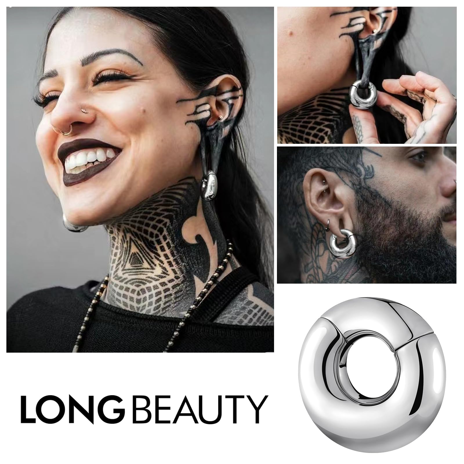 Longbeauty Piercing magnético de acero inoxidable para orejeras estiradas, 0G (8 mm), 2G (6 mm)