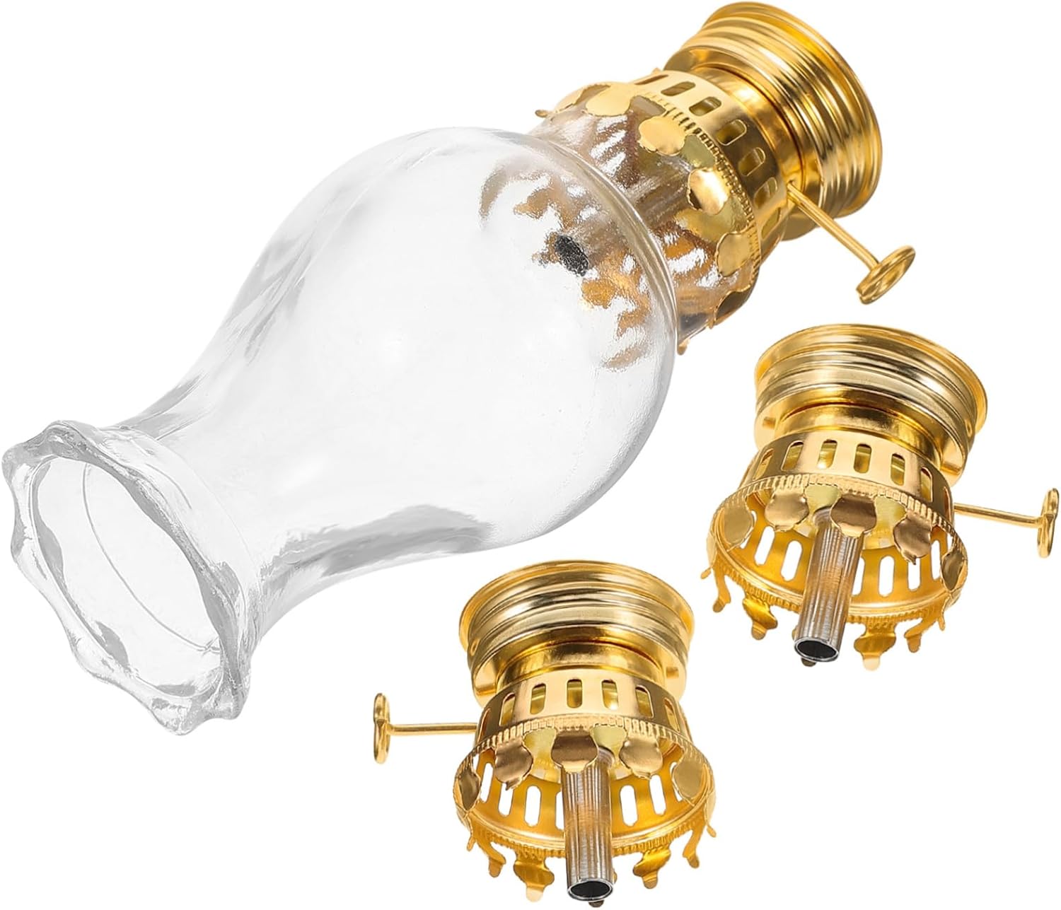 Vintage Kerosene Oil Lamp Burners with Metal Regulators and Glass Shades Includes Small Gold Lamp Heads and Decorative Shades for Cozy Indoor Lighting