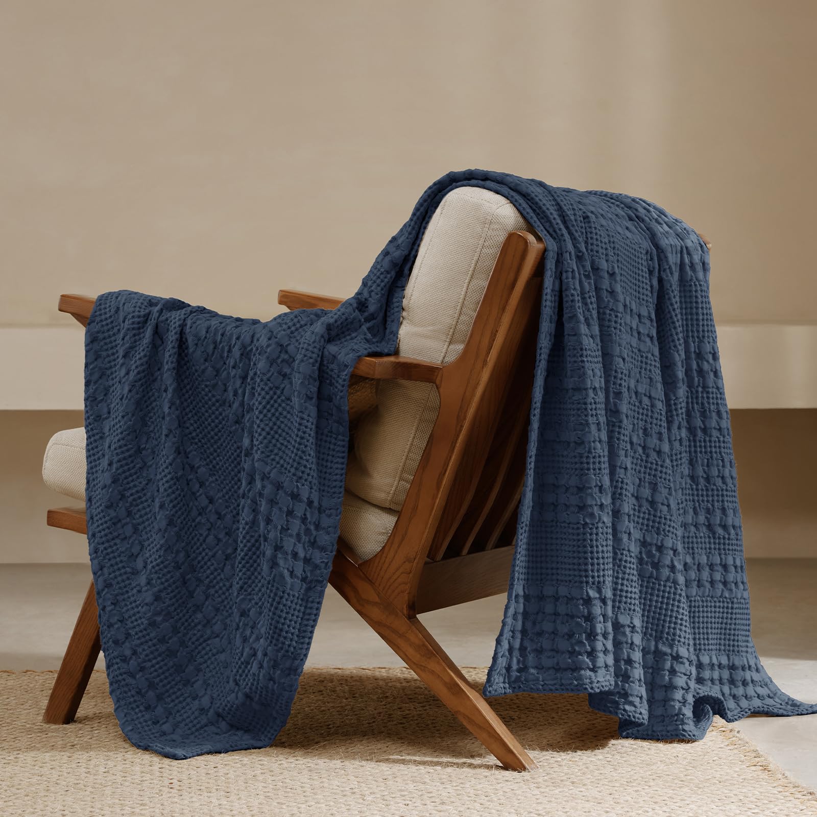 phf 100% cotton waffle weave throw blanket, soft lightweight breathable cozy throws for couch bed sofa, luxury aesthetic blanket gift for home decor & office, 50"x60", indigo