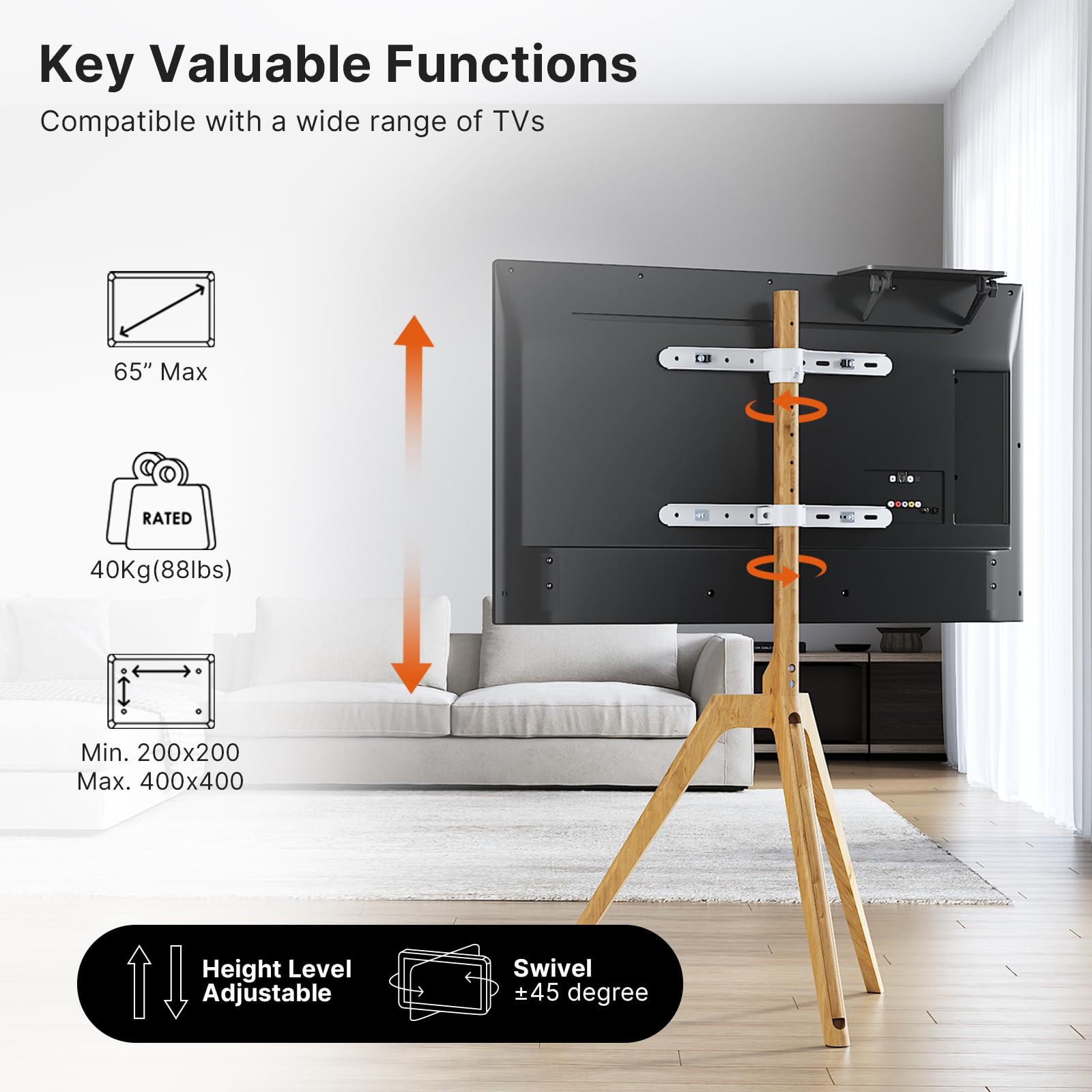 PUTORSEN Staffelei-TV-Stativ für Universal-Fernseher 114,3–165,1 cm, Massivholz, TV-Bodenhalterung mit Medien-Regal, höhenverstellbar und schwenkbar, TV-Ständer, unterstützt bis zu 88 l, max. VESA 400
