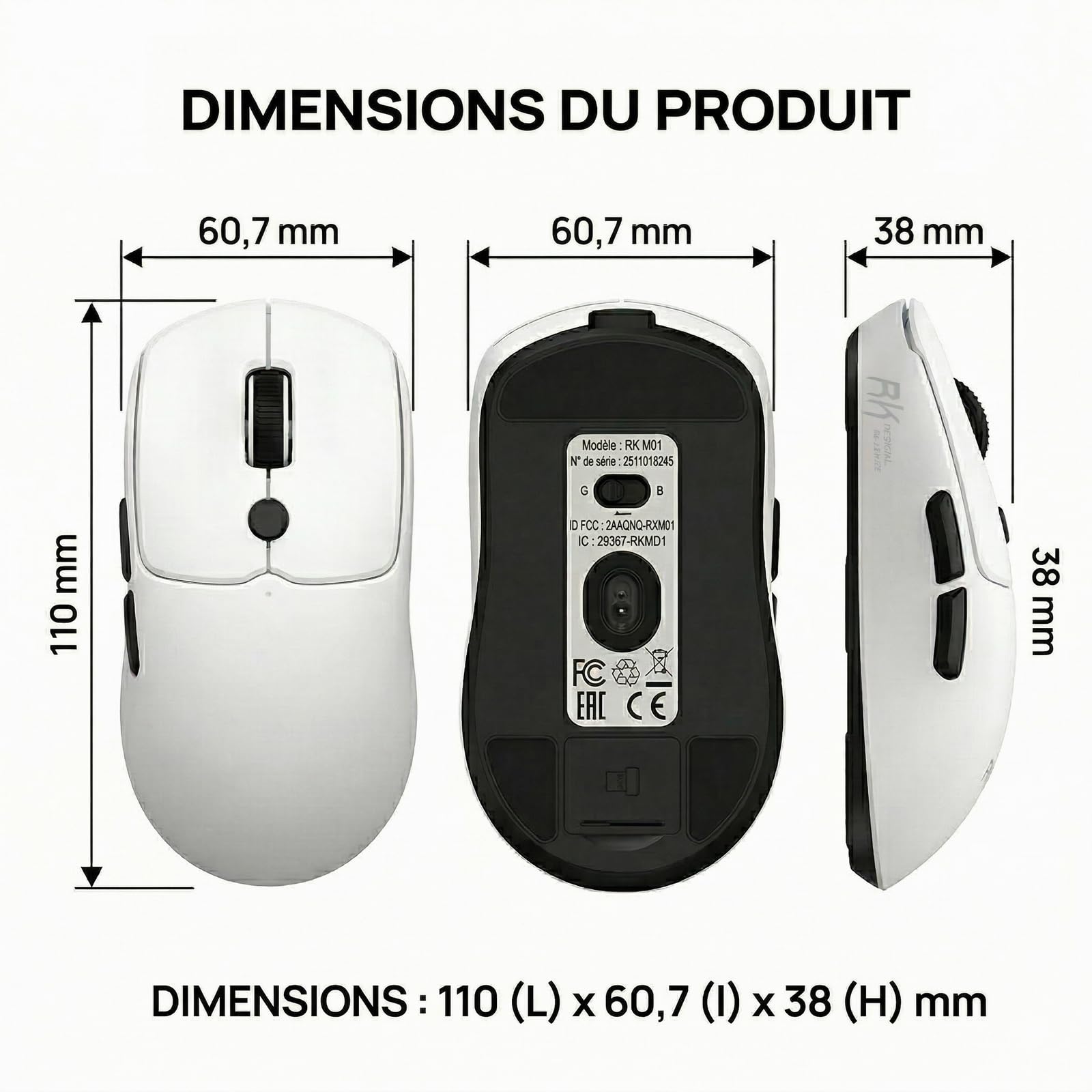 RK ROYAL KLUDGE MO1 Souris Gamer, Ultra-Légère 51g, 6 Boutons Programmables, Connexion 2.4GHz/Bluetooth/Filaire, Capteur Optique 6000 DPI, Blanc