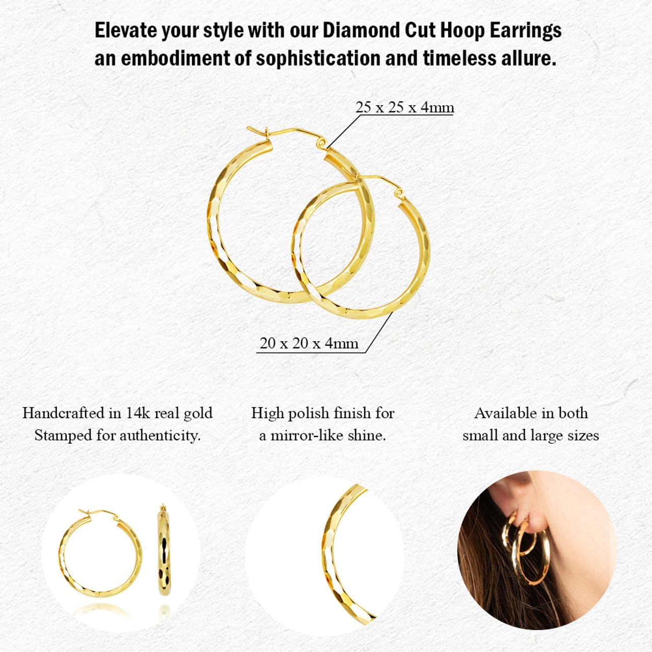 Claddagh Gold 14K Yellow Diamond Cut Hoop Earrings with Multiple Size - Image 3