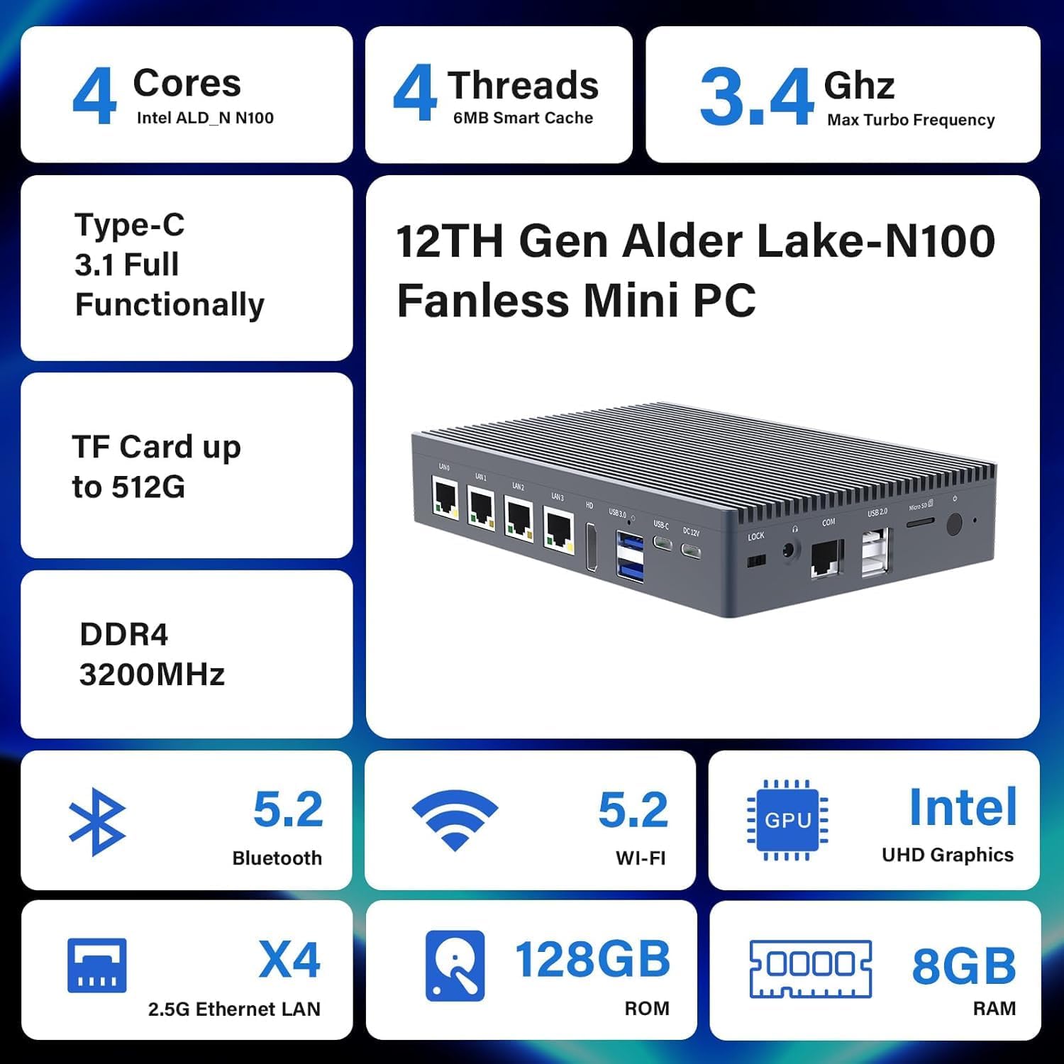 HEIGAOLAPC 4-Port 2.5G Firewall Mini PC, Intel N100, Preinstalled Windows 11 Pro, 8GB RAM 128GB eMMC, Fanless Network Appliance for PfSense/OPNsense, Homelab, Astrophotography
