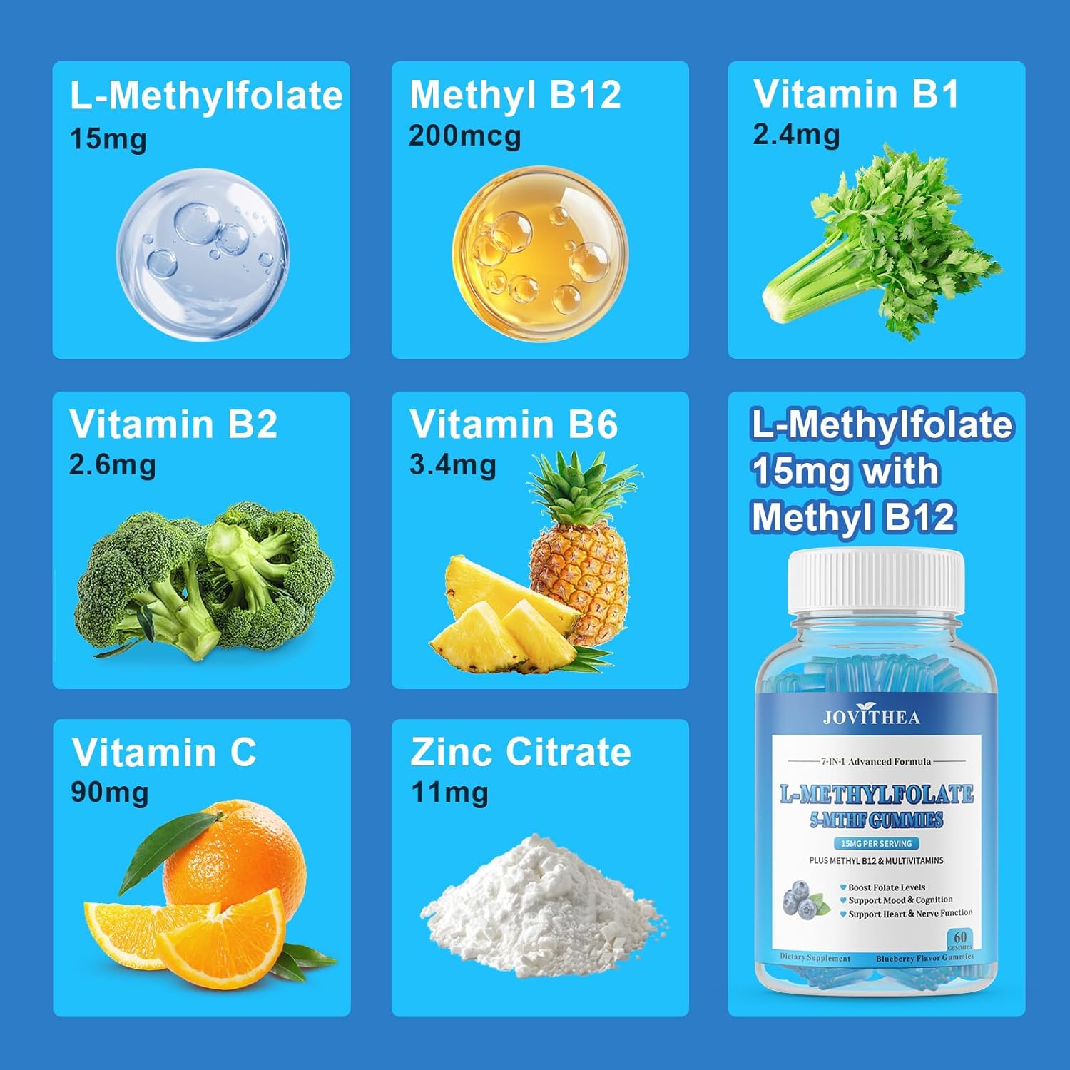 L-Methylfolate 15mg Gummies with Methyl B12, Folate 5-MTHF Supplement for Mood, Brain Health, Cognition & Immunity, Sugar Free, Vegan, Non-GMO, 60 Count - Image 9
