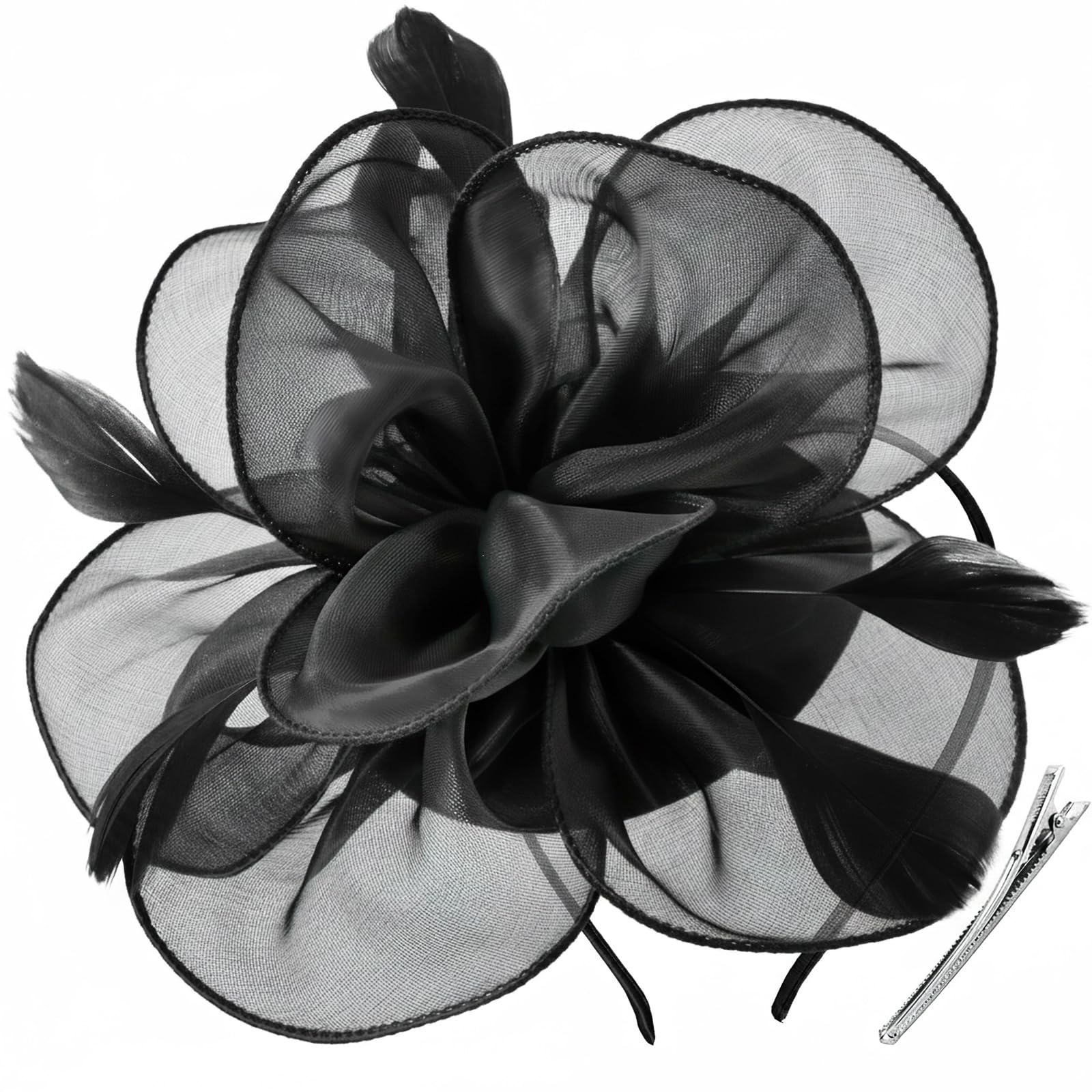 DRESHOW Fascinators Hat Tea Party Headwear Ribbons Feathers on a Headband and a Clip for Women
