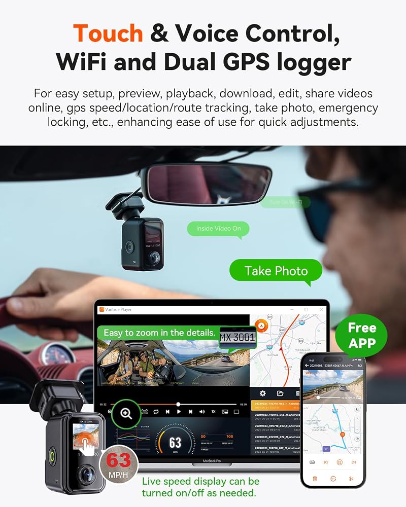 Vantrue E360 ACE 3 Channel WiFi Dash Cam, Dual STARVIS 2, 2.7K Front Rear Inside Dashcam, Handheld Action Camera, HDR, IR Night Vision, Voice Control, GPS, 24/7 Parking Mode, Support LTE & 1TB Max