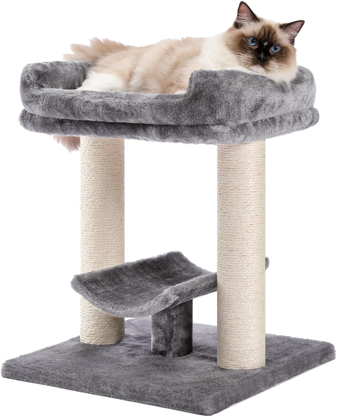 48cm Cat Scratching Post, Cat Tree Tower, 100% Natural Sisal Cat Scratcher with Large Plush Top Perch Bed, Cozy Cat Platform for Kittens and Cats