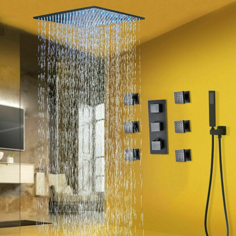 Douche thermostatique noire encastrée de luxe avec ciel LED