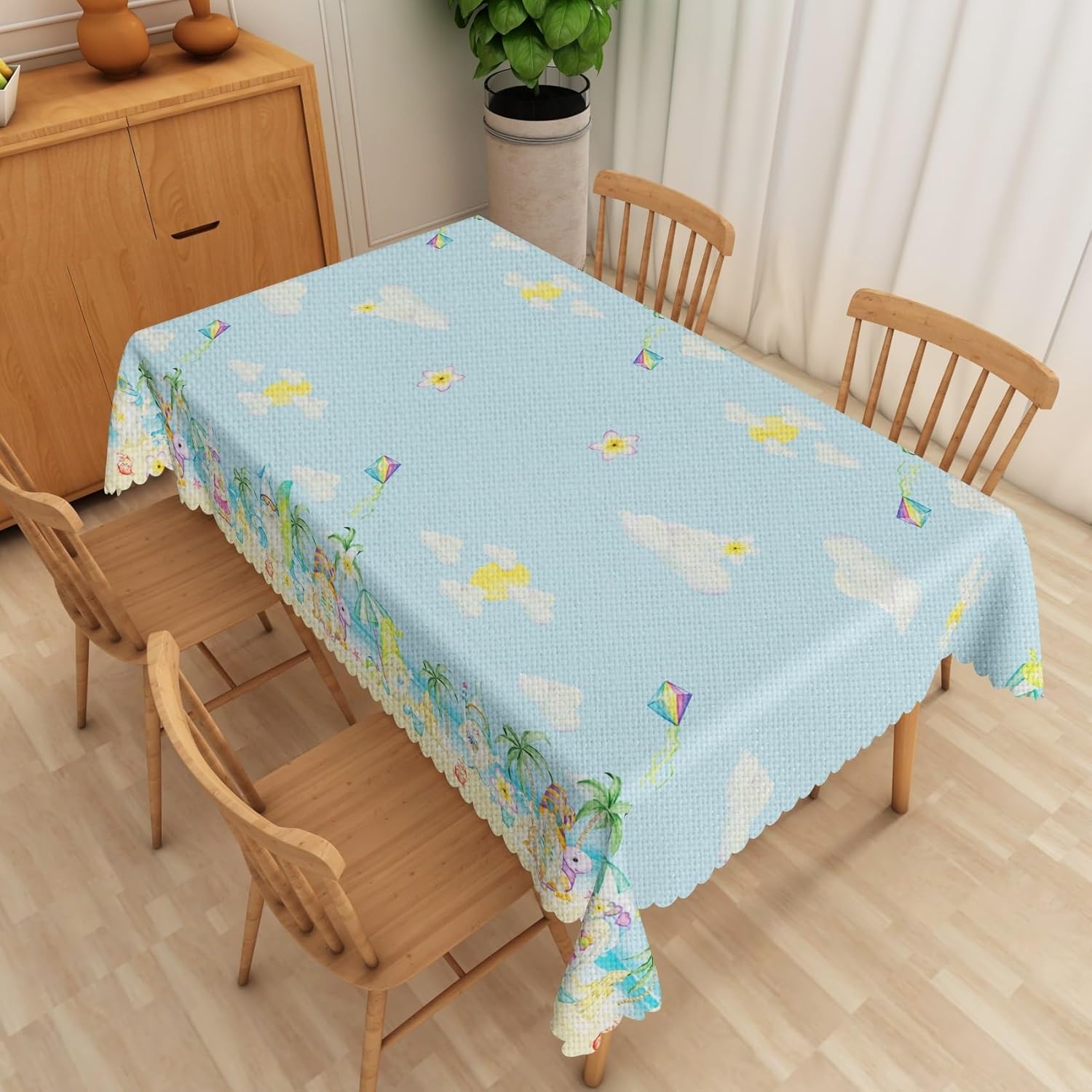 Summer Party Linen Tablecloth 54x120 Inch Blue Sky White Clouds Beach Themed Tablecloth Rectangle for Baby Shower Birthday Picnic Patio Kitchen Dining Table Cloth Decoration