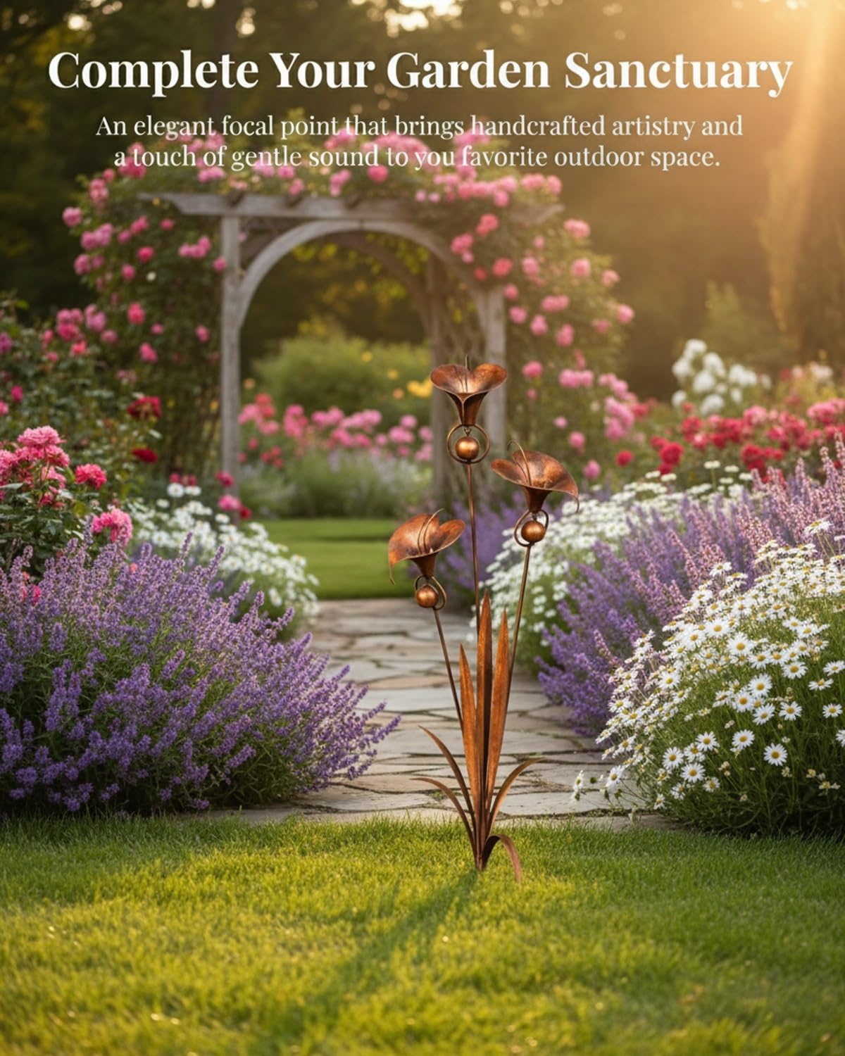 2026 Flammende Kupfer Drei Calla-Lilien Gartenstecker mit Glocken, Regenfänger Blume Handgefertigt 61cm Große Verspielte Metall Pflanzenskulptur Hof Kunst Dekor, Rustikales Windspiel Ornament Geschenk