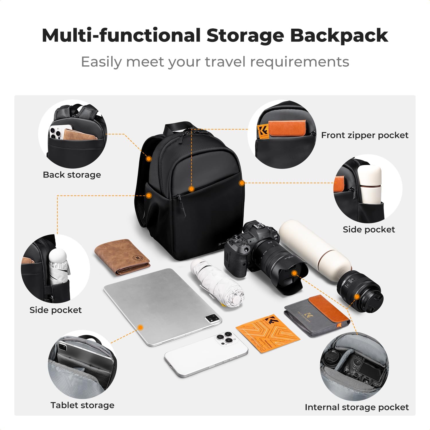 K&F CONCEPT Camera Backpack, Lightweight Camera Bag for Photographers, Portable Photography Bag Compatible with Canon/Nikon/Sony - Black - Image 3