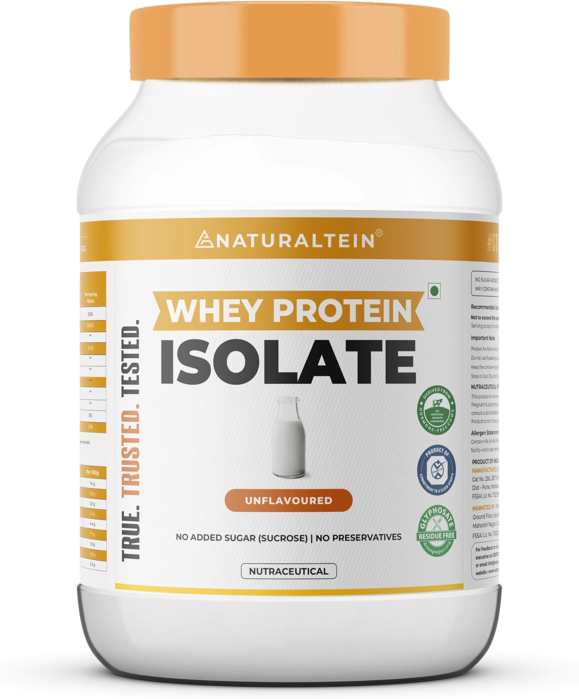 Natural Whey Protein Isolate Unflavoured - 1 kg (Naturally flavored, Non GMO, No Artificial Sweeteners)
