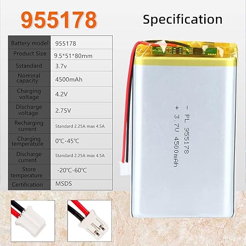 Miniatura 4 de 3.7V 4500mAh 955178 Lipo batería recargable de iones de polímero de litio con conector PH2.0.000 in JST