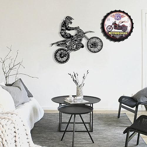 Miniatura 6 de Reloj de pared de metal de 14 pulgadas con tapa de botella y esfera de reloj de motocicleta vintage, movimientos de reloj silenciosos, funciona con