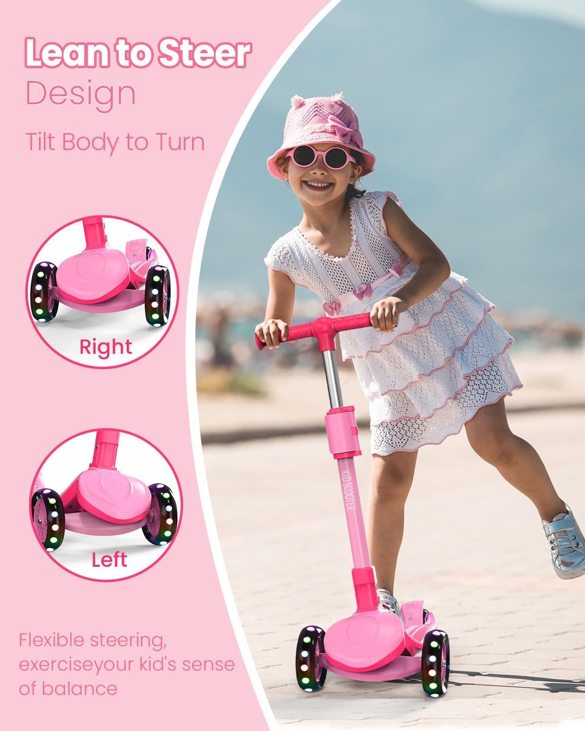 Monopattino regolabile 2 in 1, 3 – 12 anni, manubrio a 5 livelli, sedile rimovibile, ruote a LED, pieghevole, rosa (ragazze e ragazzi) nero